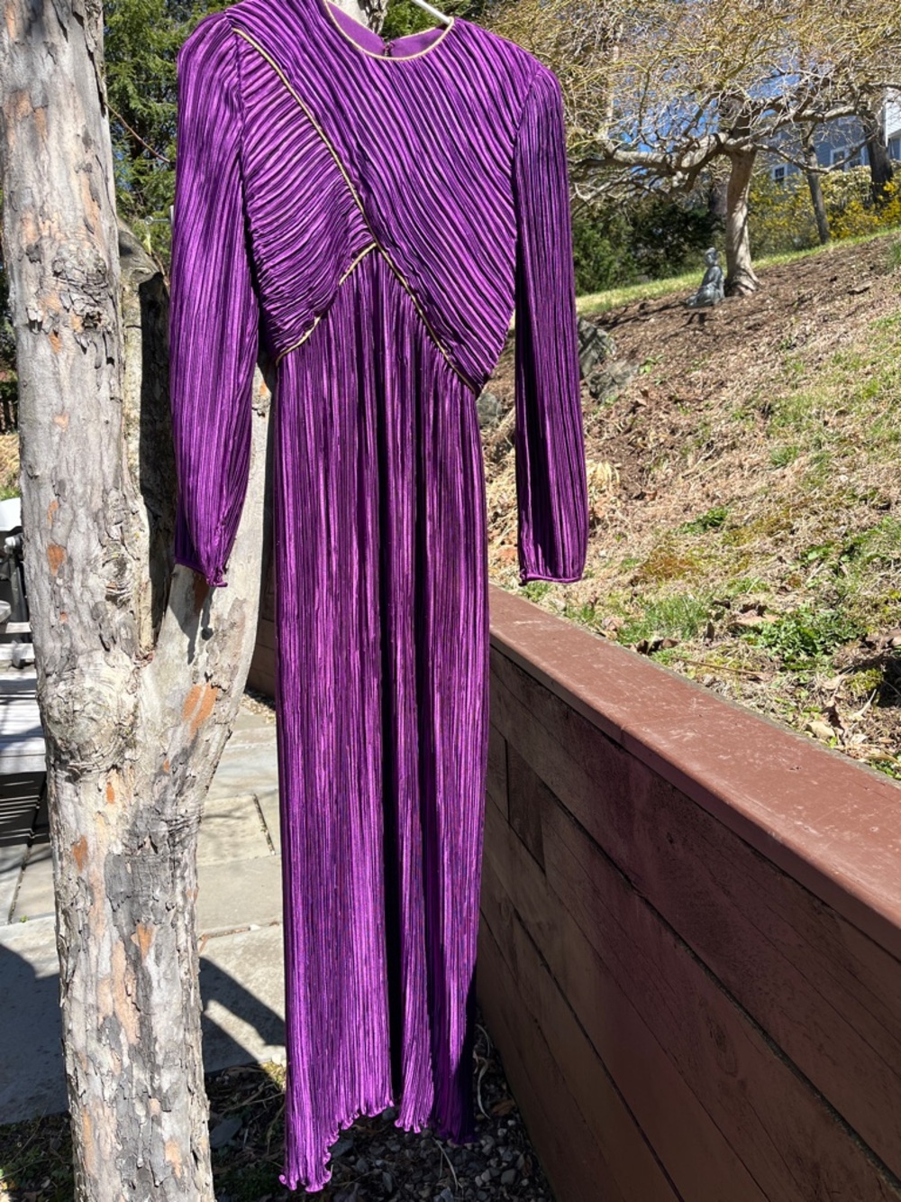 Vintage Purple -Gown Long Sleeve George F Couture Pleated Dress Made in USA